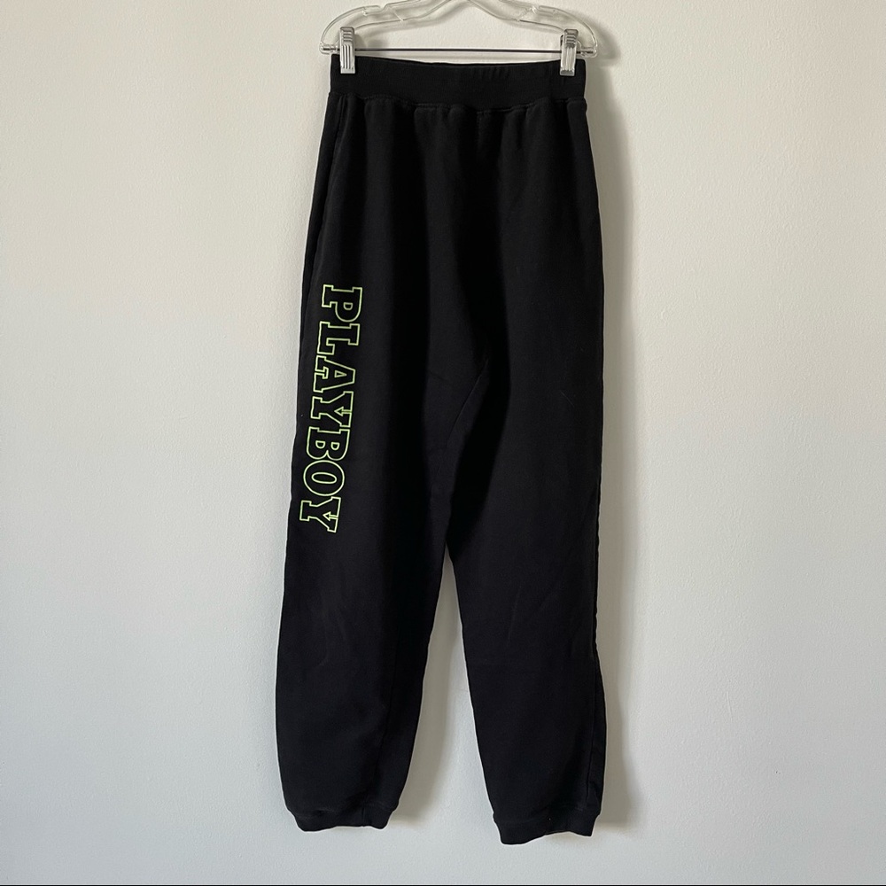 PLAYBOY X MISSGUIDED black and neon green logo jogger sweatpants size 4
